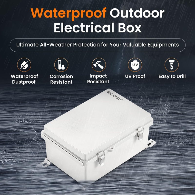 QILIPSU Junction Box IP67 Waterproof Plastic Electrical Enclosure Outdoor Weatherproof Project Electric Box with Mounting Plate, Wall Brackets, Hinged Grey Cover 11.2"x7.7"x5.1" - Image 2